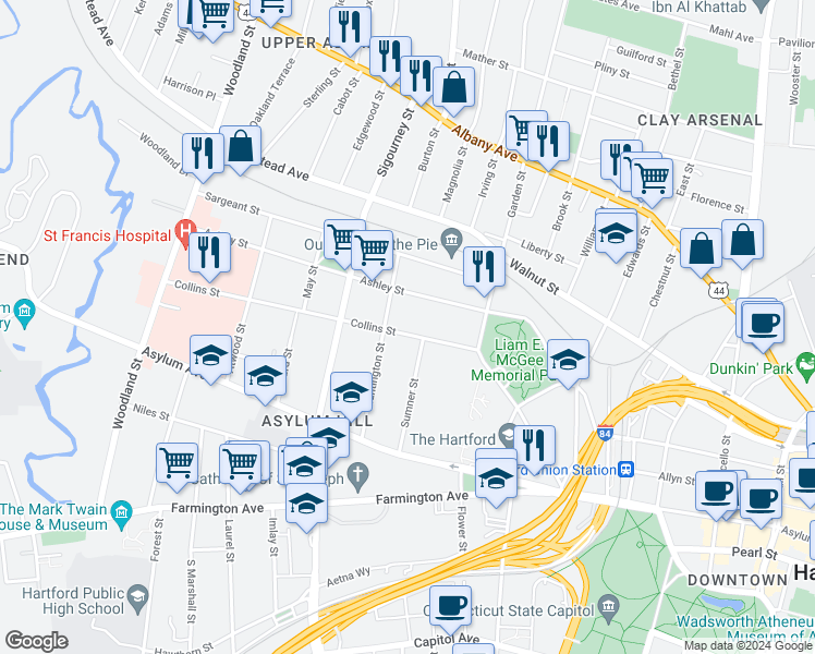 map of restaurants, bars, coffee shops, grocery stores, and more near 59 Ashley Street in Hartford