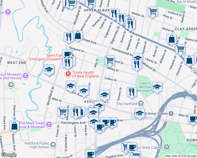 map of restaurants, bars, coffee shops, grocery stores, and more near 236 Collins Street in Hartford