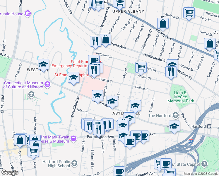 map of restaurants, bars, coffee shops, grocery stores, and more near 30 Atwood Street in Hartford