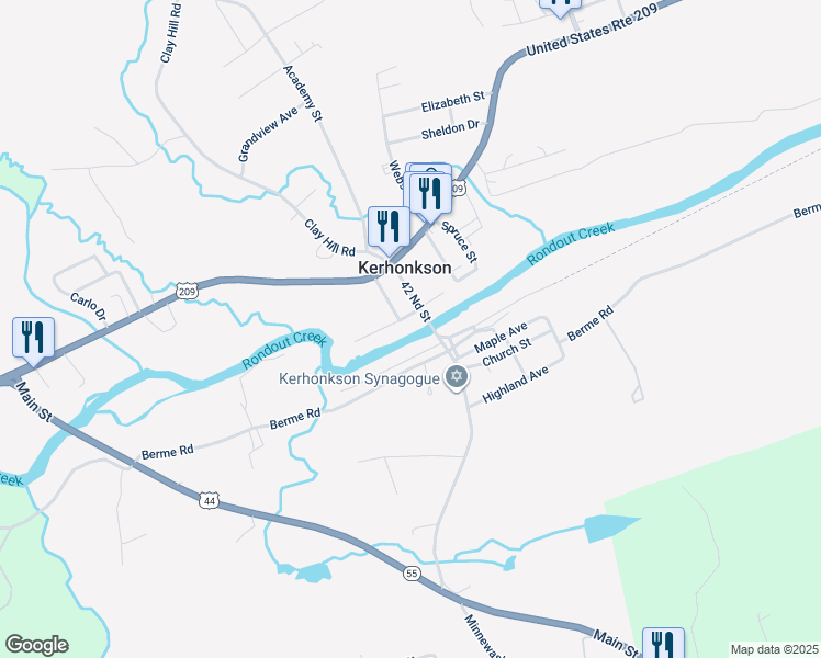 map of restaurants, bars, coffee shops, grocery stores, and more near 10 Wood Street in Kerhonkson