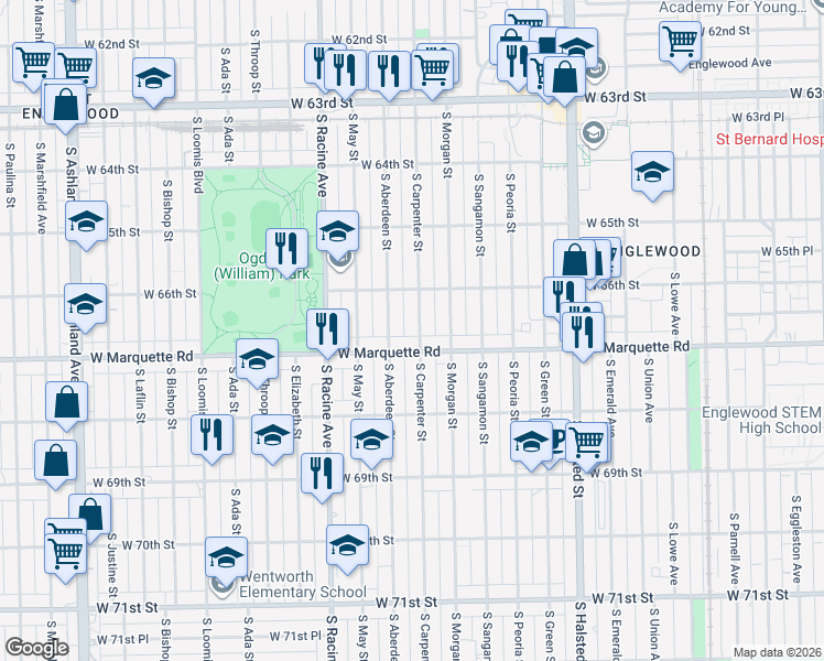 map of restaurants, bars, coffee shops, grocery stores, and more near 6620 South Carpenter Street in Chicago