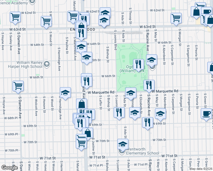 map of restaurants, bars, coffee shops, grocery stores, and more near 6617 South Bishop Street in Chicago