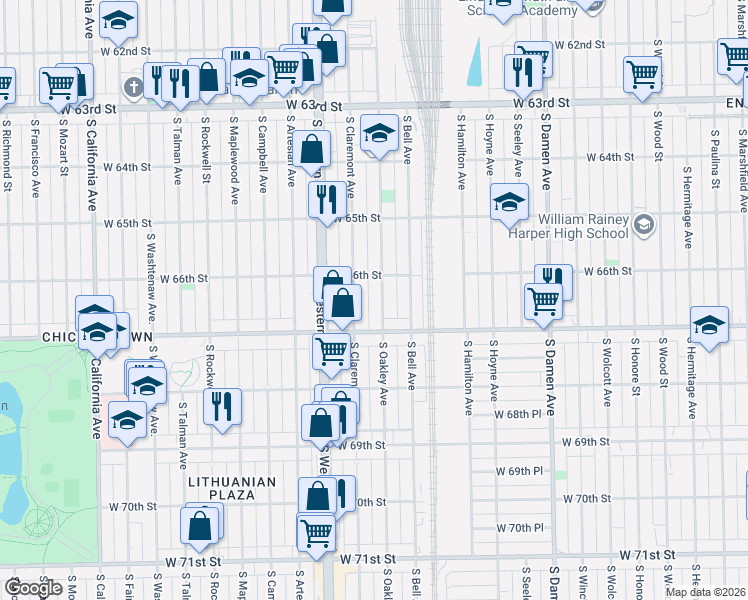 map of restaurants, bars, coffee shops, grocery stores, and more near 6608 South Oakley Avenue in Chicago