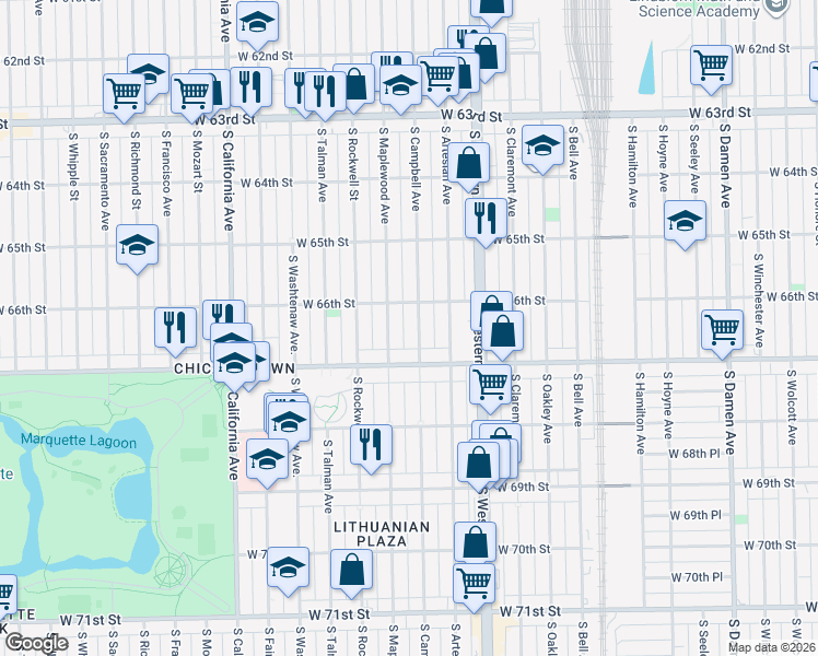 map of restaurants, bars, coffee shops, grocery stores, and more near 6605 South Maplewood Avenue in Chicago