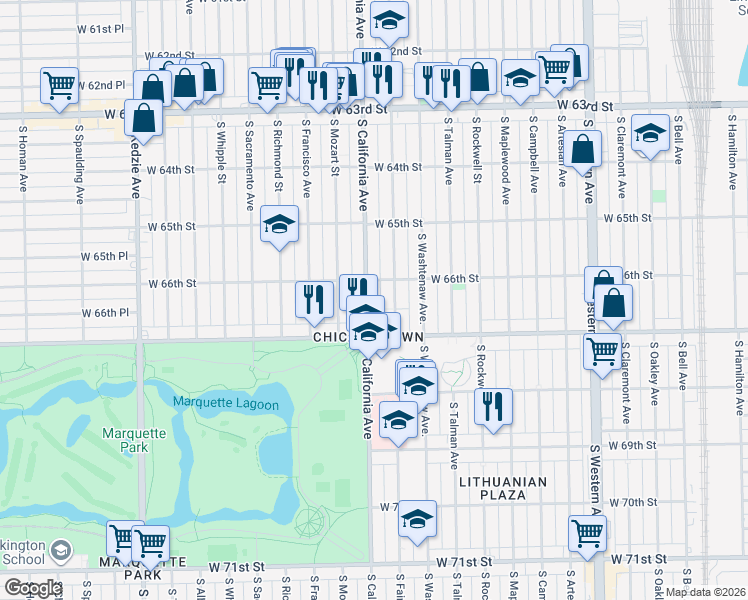 map of restaurants, bars, coffee shops, grocery stores, and more near 6601 South California Avenue in Chicago