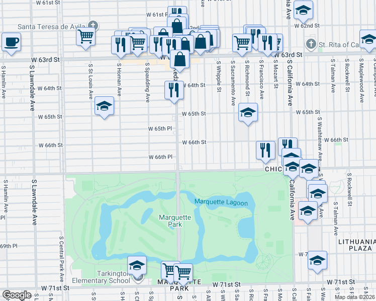 map of restaurants, bars, coffee shops, grocery stores, and more near 3138 West 66th Street in Chicago