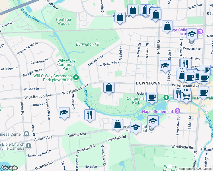 map of restaurants, bars, coffee shops, grocery stores, and more near 73 Forest Avenue in Naperville