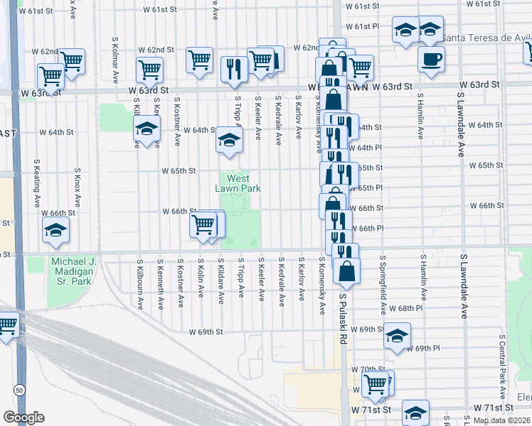map of restaurants, bars, coffee shops, grocery stores, and more near 6550 South Keeler Avenue in Chicago