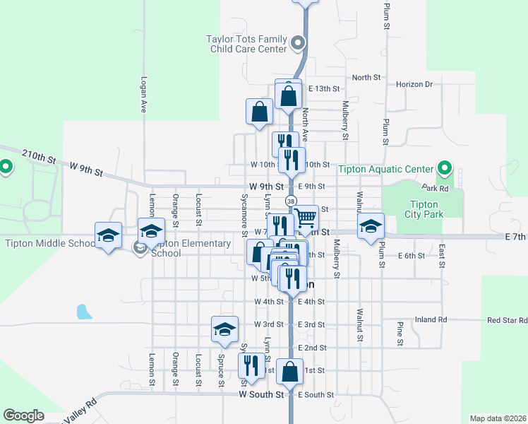 map of restaurants, bars, coffee shops, grocery stores, and more near 800-850 Lynn Street in Tipton