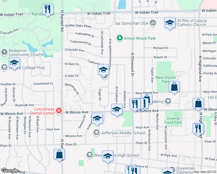 map of restaurants, bars, coffee shops, grocery stores, and more near 705 North Commonwealth Avenue in Aurora