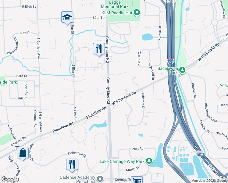 map of restaurants, bars, coffee shops, grocery stores, and more near 6406 Pinecrest Court in Burr Ridge