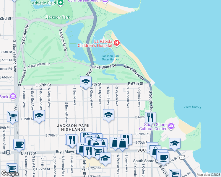 map of restaurants, bars, coffee shops, grocery stores, and more near 6713 South Merrill Avenue in Chicago
