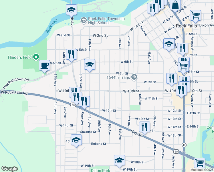 map of restaurants, bars, coffee shops, grocery stores, and more near 801 10th Avenue in Rock Falls