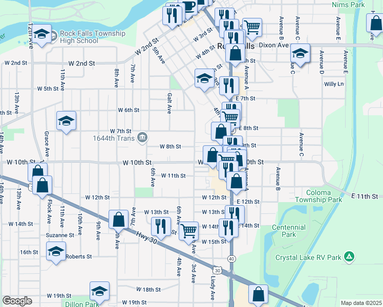 map of restaurants, bars, coffee shops, grocery stores, and more near 710 5th Avenue in Rock Falls