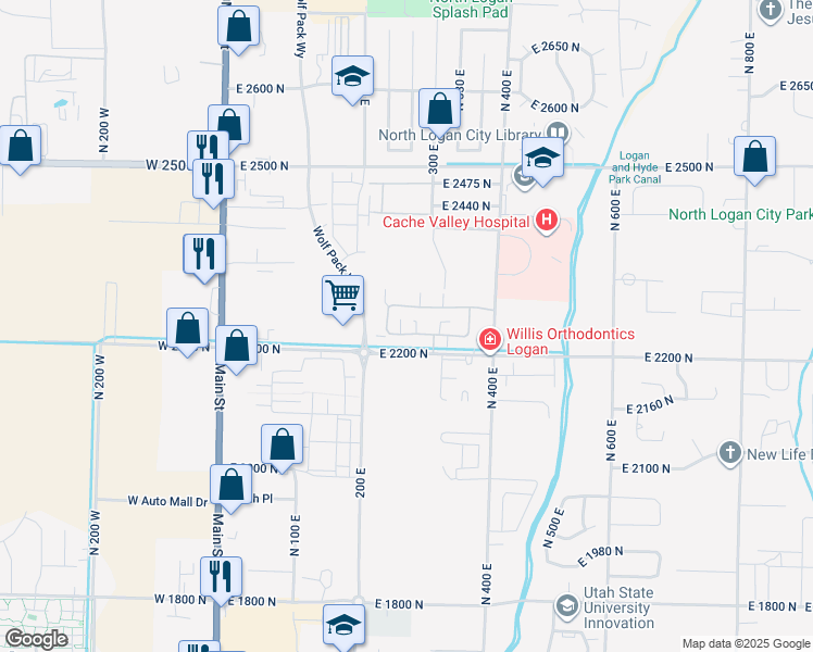 map of restaurants, bars, coffee shops, grocery stores, and more near 267 East 2230 North in North Logan