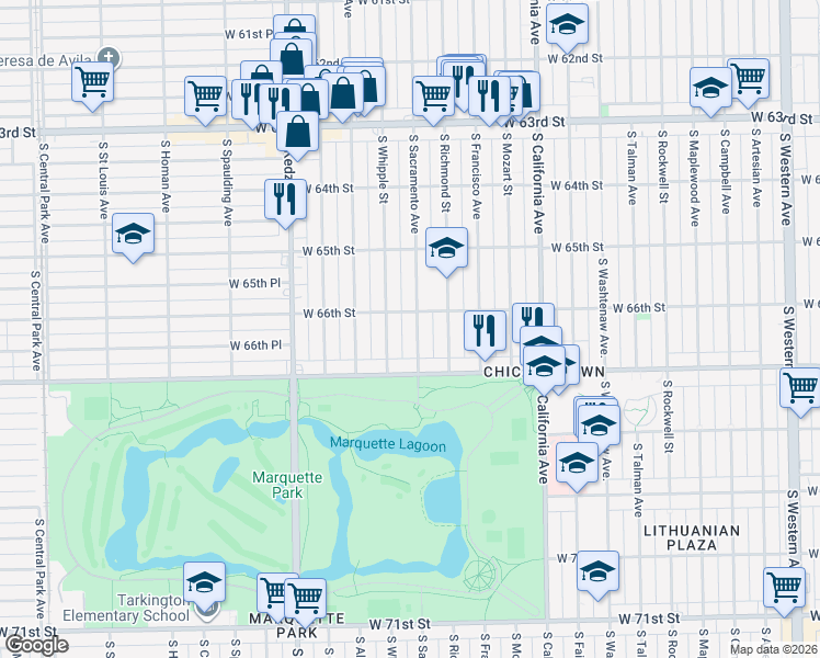 map of restaurants, bars, coffee shops, grocery stores, and more near 6614 South Sacramento Avenue in Chicago