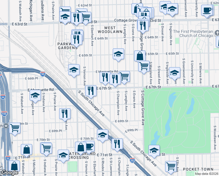 map of restaurants, bars, coffee shops, grocery stores, and more near S St Lawrence Ave & E 67th St in Chicago