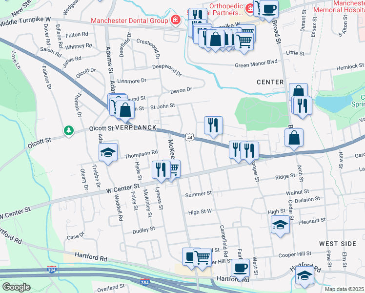 map of restaurants, bars, coffee shops, grocery stores, and more near 8 Dougherty Street in Manchester