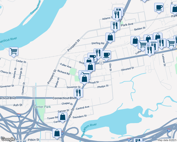 map of restaurants, bars, coffee shops, grocery stores, and more near 10 Roberts Court in East Hartford
