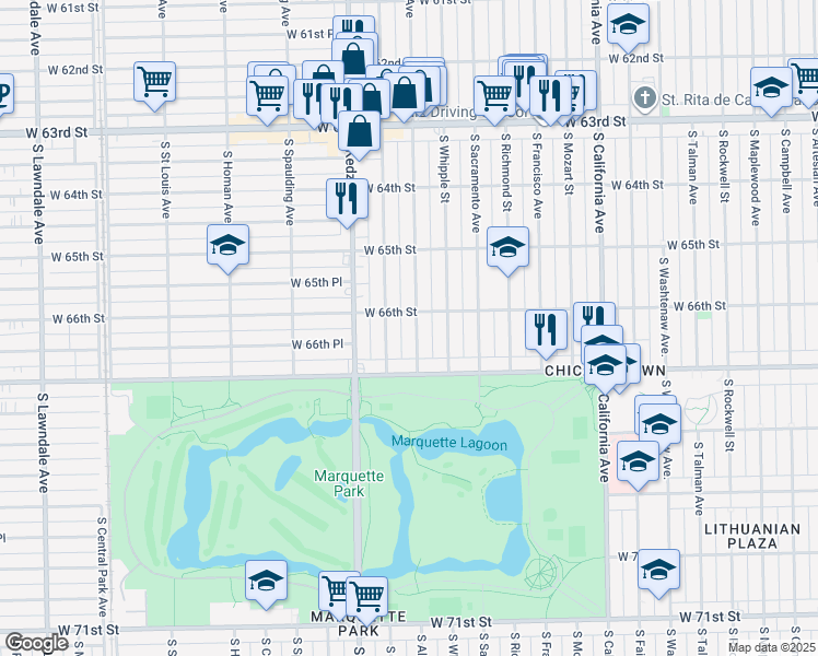 map of restaurants, bars, coffee shops, grocery stores, and more near 6612 South Albany Avenue in Chicago