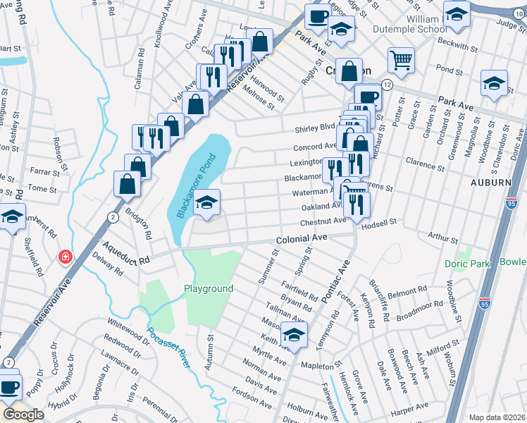 map of restaurants, bars, coffee shops, grocery stores, and more near 100 Waterman Avenue in Cranston