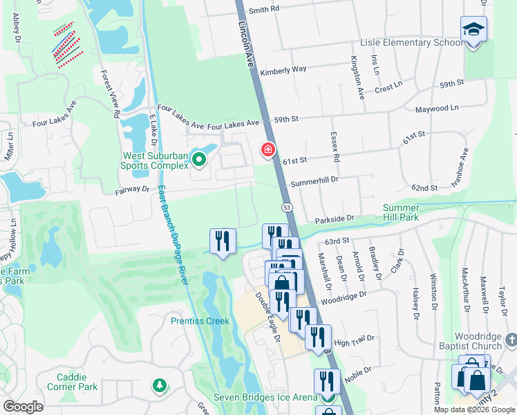 map of restaurants, bars, coffee shops, grocery stores, and more near 1196-1198 Summerhill Drive in Lisle