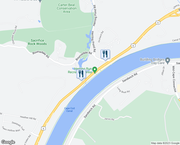 map of restaurants, bars, coffee shops, grocery stores, and more near 825 Scenic Highway in Bourne