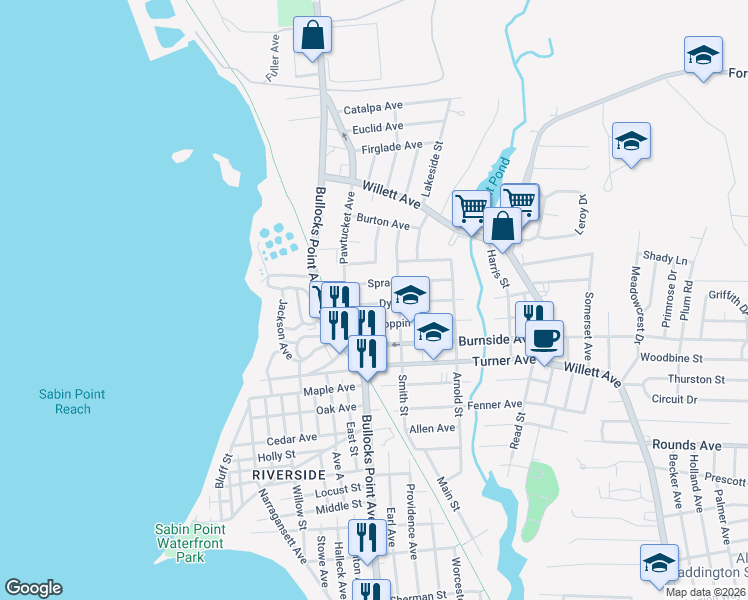map of restaurants, bars, coffee shops, grocery stores, and more near 27 Sprague Avenue in East Providence
