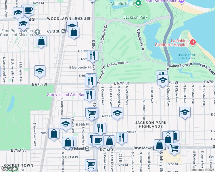 map of restaurants, bars, coffee shops, grocery stores, and more near 6718 South East End Avenue in Chicago