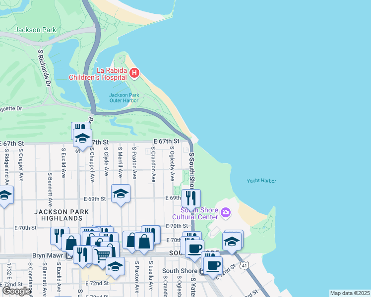 map of restaurants, bars, coffee shops, grocery stores, and more near 6700 South South Shore Drive in Chicago