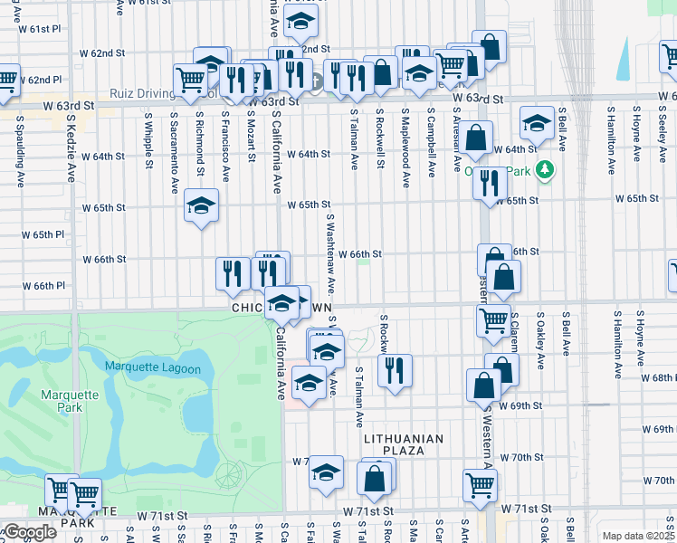 map of restaurants, bars, coffee shops, grocery stores, and more near 6617 South Washtenaw Avenue in Chicago