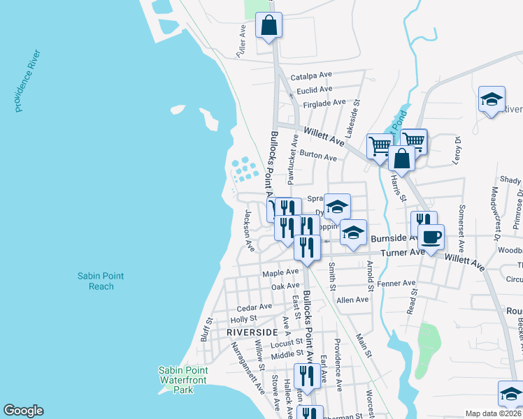 map of restaurants, bars, coffee shops, grocery stores, and more near 15 Taylor Avenue in East Providence