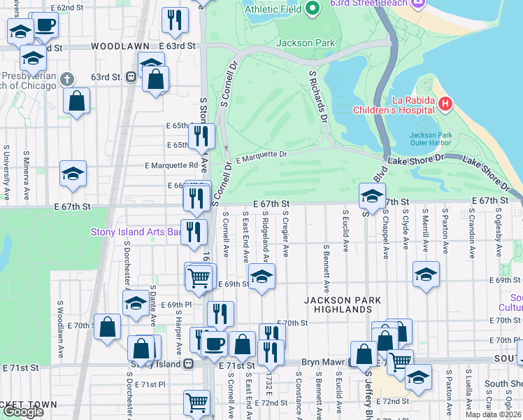 map of restaurants, bars, coffee shops, grocery stores, and more near 1705 East 67th Street in Chicago