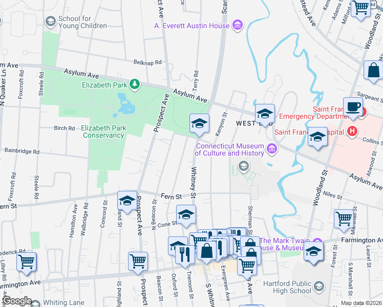 map of restaurants, bars, coffee shops, grocery stores, and more near 201 Whitney Street in Hartford
