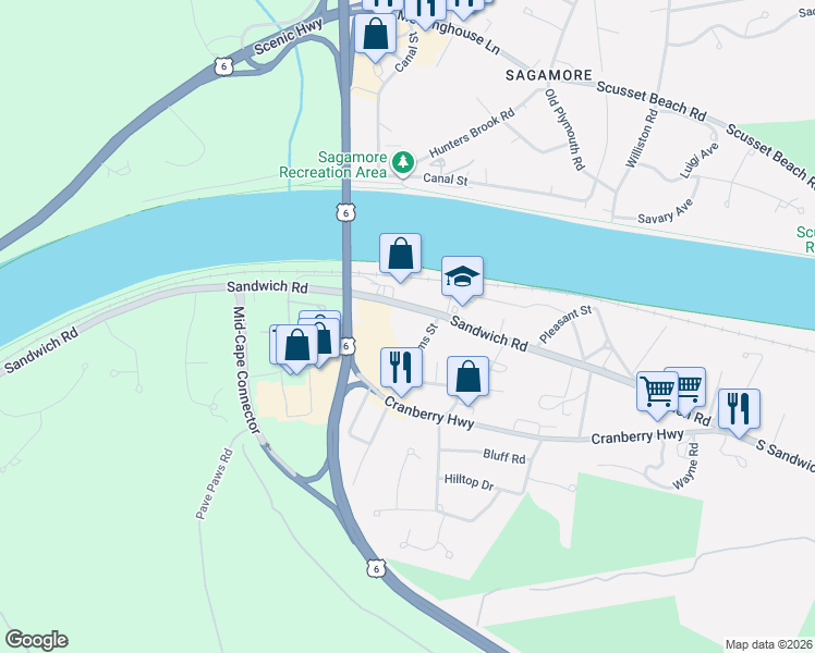 map of restaurants, bars, coffee shops, grocery stores, and more near 869-860 Sandwich Road in Bourne