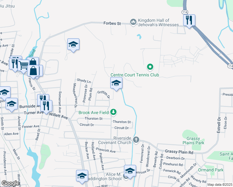 map of restaurants, bars, coffee shops, grocery stores, and more near 60 Bart Drive in East Providence