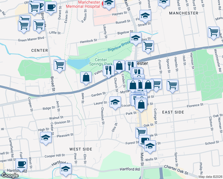 map of restaurants, bars, coffee shops, grocery stores, and more near 19 Winter Street in Manchester