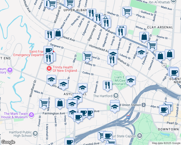 map of restaurants, bars, coffee shops, grocery stores, and more near 95 Huntington Street in Hartford