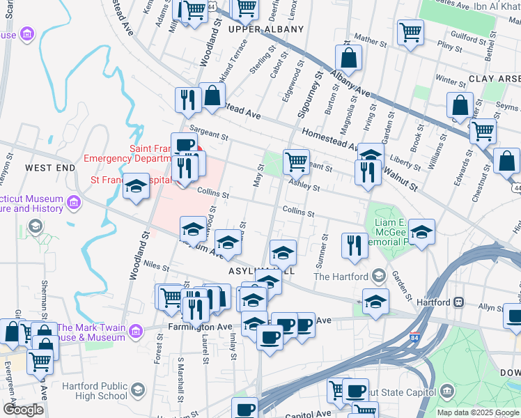 map of restaurants, bars, coffee shops, grocery stores, and more near 273 Collins Street in Hartford