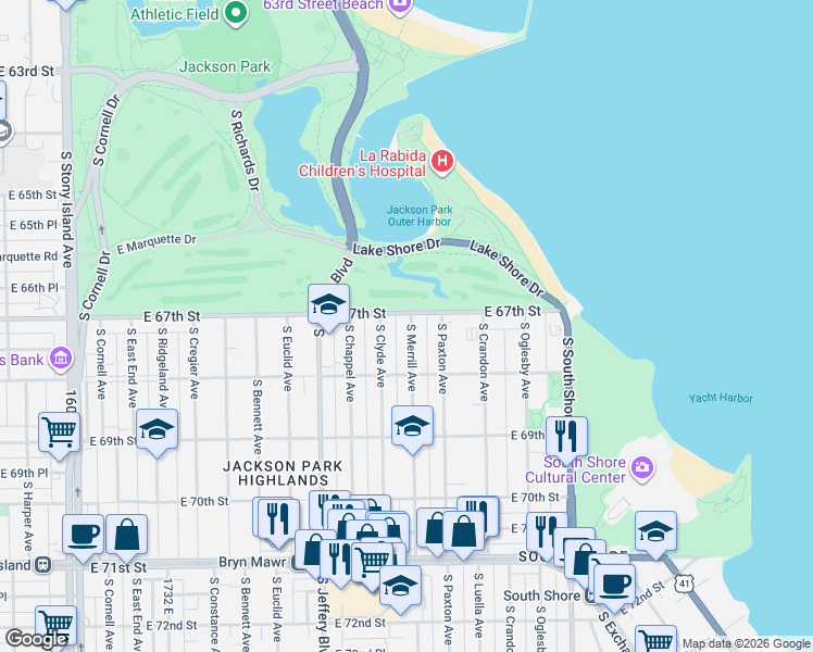 map of restaurants, bars, coffee shops, grocery stores, and more near 6714 South Chappel Avenue in Chicago