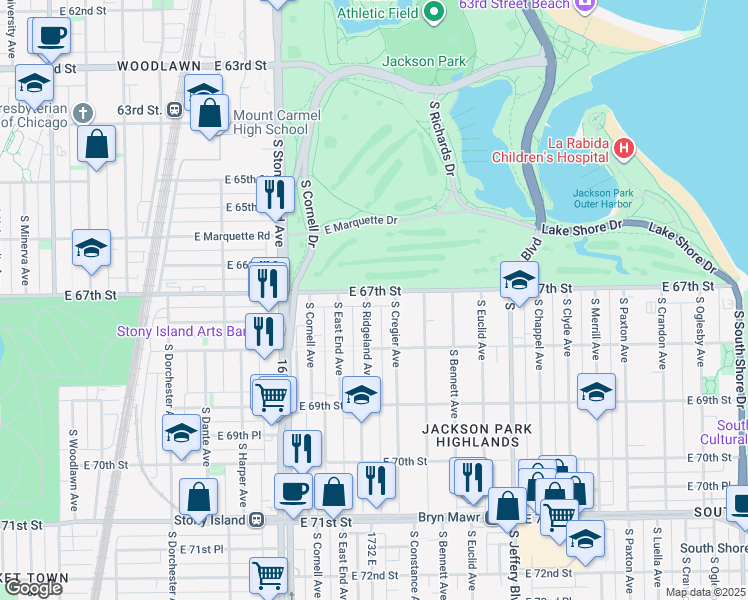 map of restaurants, bars, coffee shops, grocery stores, and more near 1747 East 67th Street in Chicago