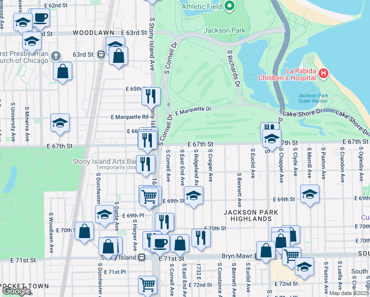 map of restaurants, bars, coffee shops, grocery stores, and more near 1705 East 67th Street in Chicago