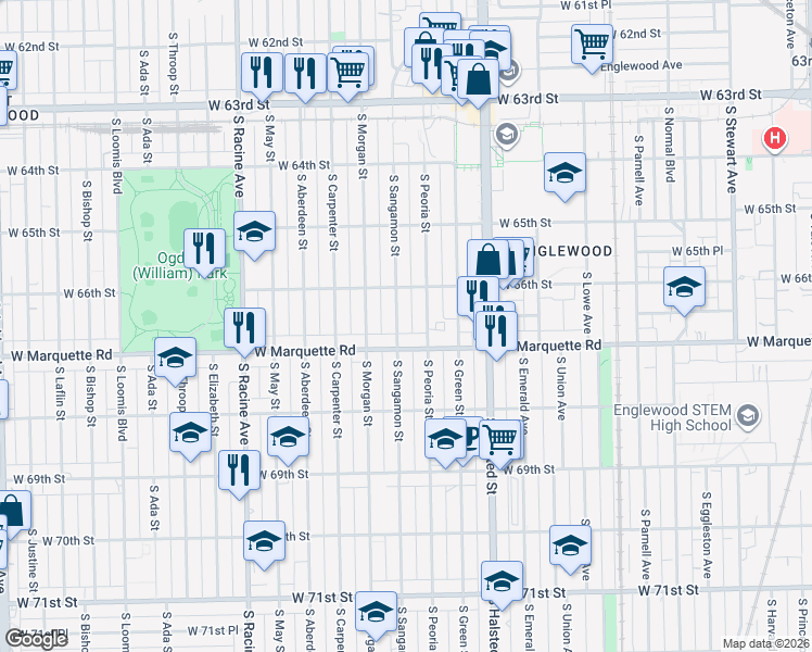 map of restaurants, bars, coffee shops, grocery stores, and more near 6623 South Sangamon Street in Chicago