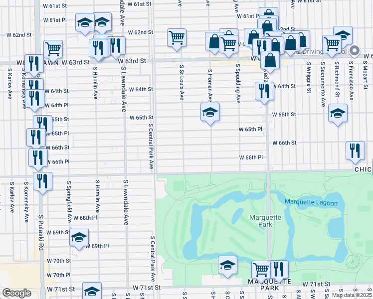 map of restaurants, bars, coffee shops, grocery stores, and more near 3444 West 66th Street in Chicago