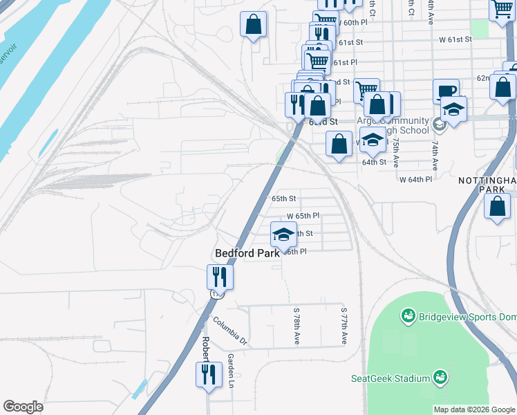 map of restaurants, bars, coffee shops, grocery stores, and more near 6505 South Archer Road in Bedford Park