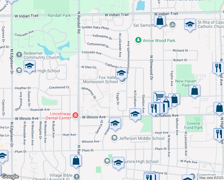 map of restaurants, bars, coffee shops, grocery stores, and more near 833 North Gladstone Avenue in Aurora