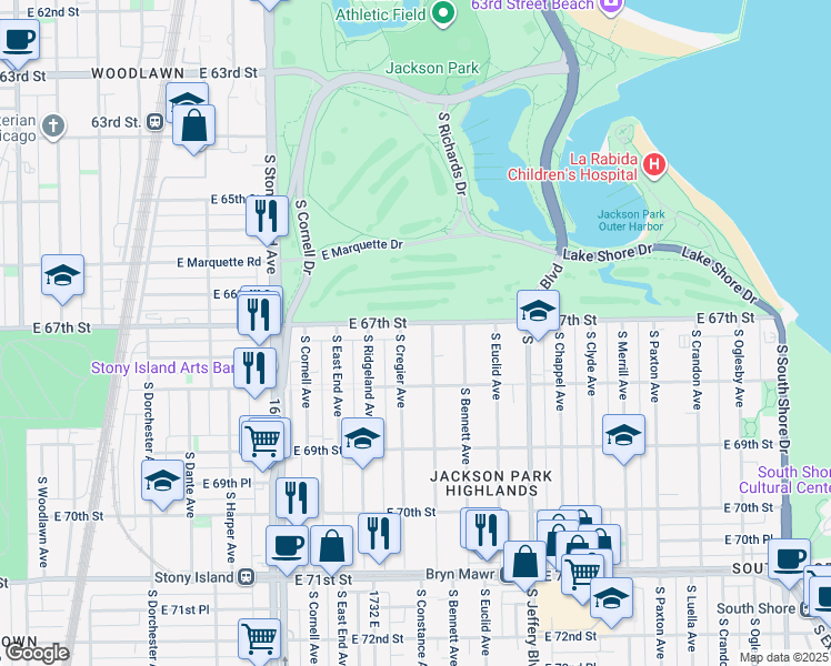 map of restaurants, bars, coffee shops, grocery stores, and more near 1809 East 67th Street in Chicago