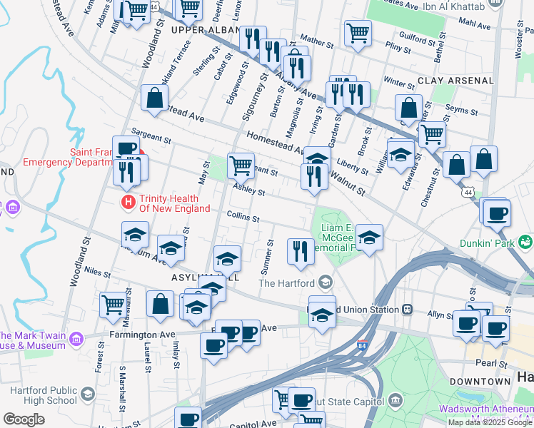 map of restaurants, bars, coffee shops, grocery stores, and more near 59 Ashley Street in Hartford
