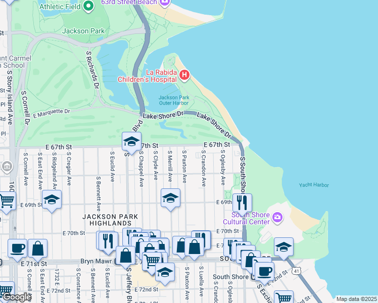 map of restaurants, bars, coffee shops, grocery stores, and more near 2201 East 67th Street in Chicago