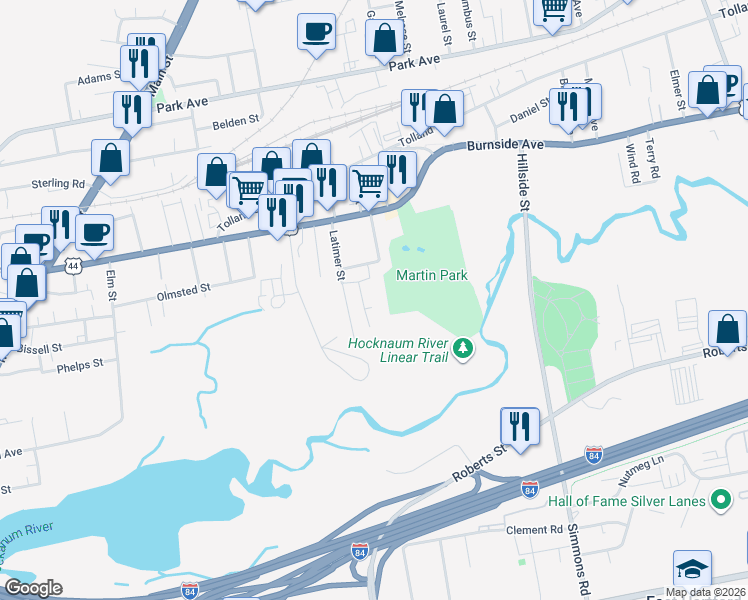 map of restaurants, bars, coffee shops, grocery stores, and more near 8 Turtle Creek Lane in East Hartford